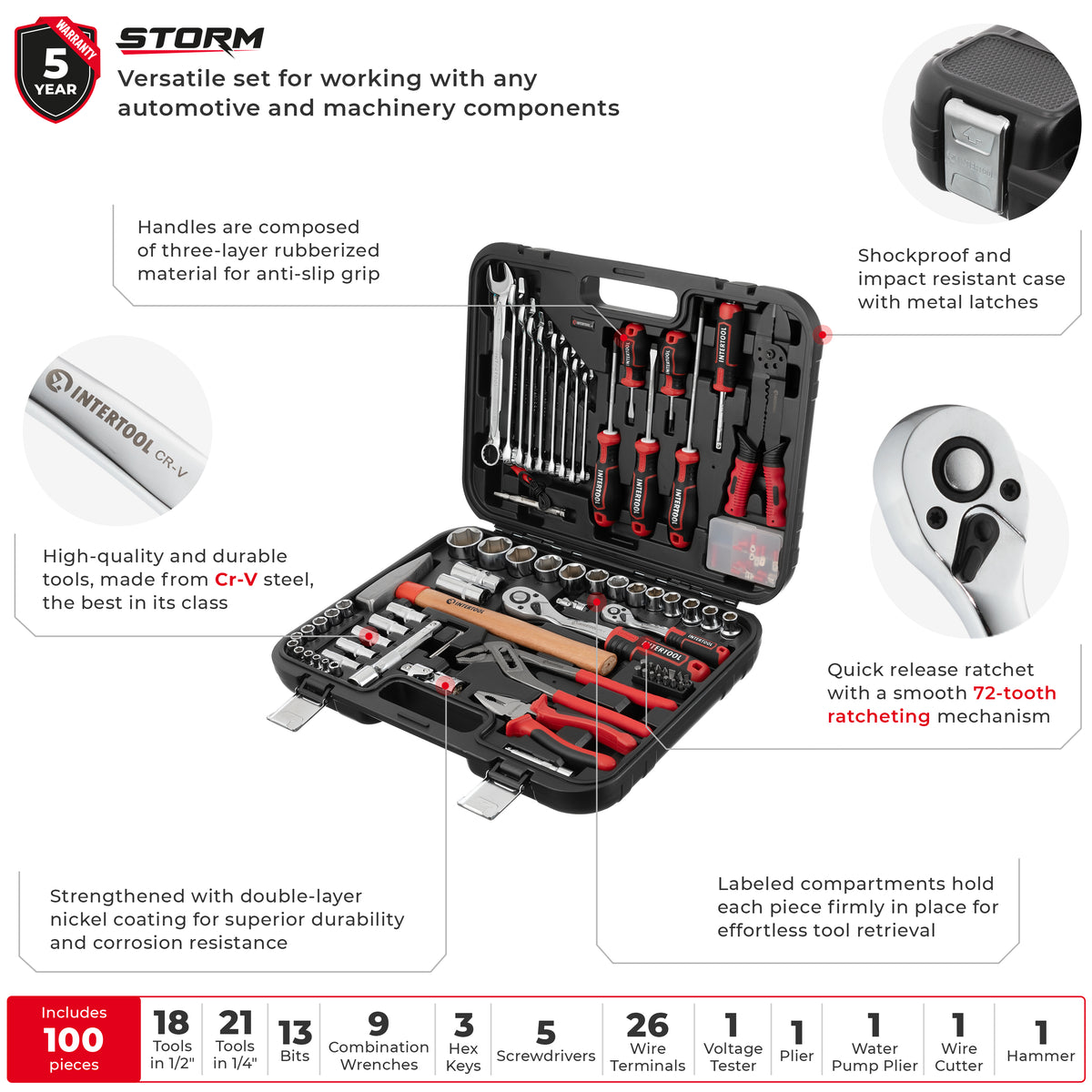 Juego completo de herramientas mecánicas INTERTOOL con accionamiento de 1/4" y 1/2", 100 piezas | ET08-8100 