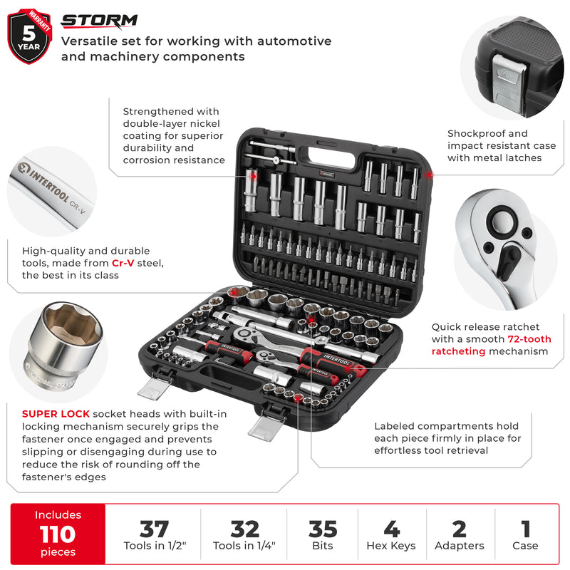 INTERTOOL 110-Piece Metric Socket Set | Super Lock | 1/4” & 1/2” Drive | ET08-8110