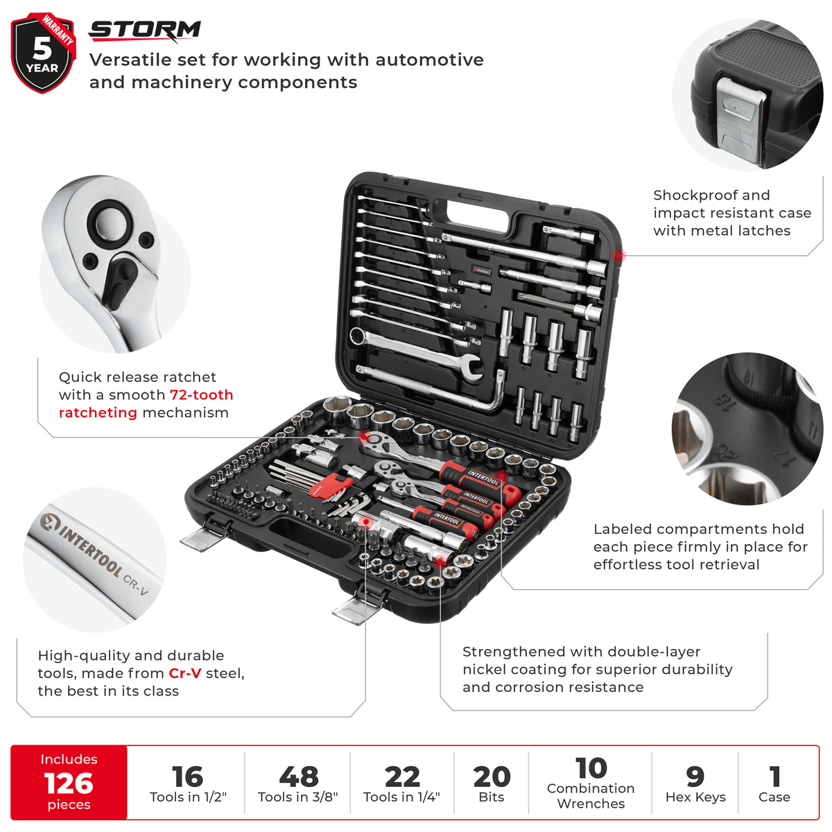 INTERTOOL 1/4", 3/8", 1/2" Drive Socket & Spanner Set, Metric, 126 pcs | ET08-8126