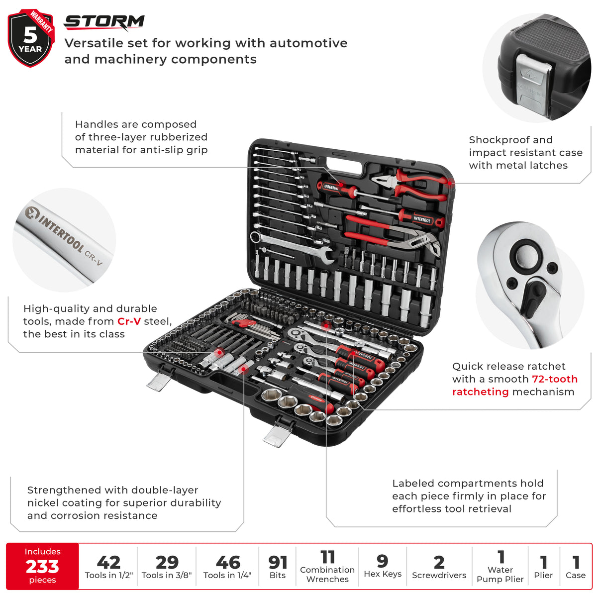 INTERTOOL 1/4", 3/8", 1/2" Drive, Mechanics Tool Set, Sae, Metric, 233 pcs | ET08-8233