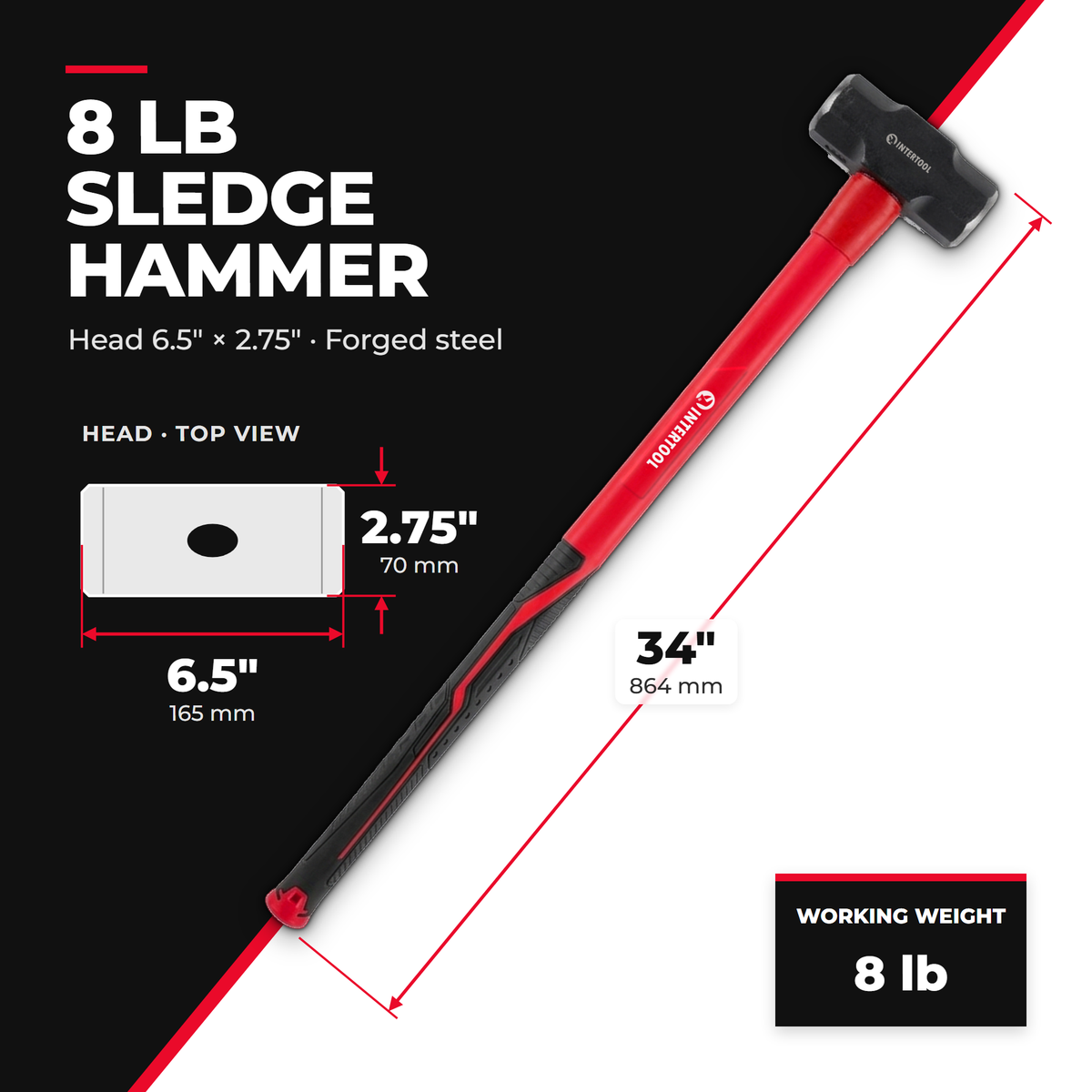 INTERTOOL Sledgehammer 8 lbs Fiberglass Handle HT08-0244