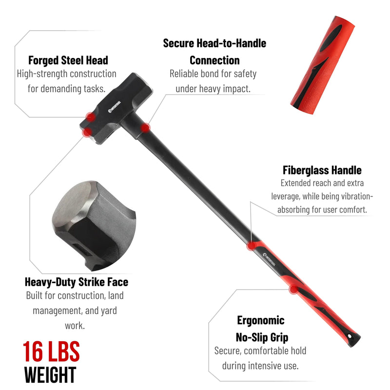 INTERTOOL Sledgehammer 16 lbs Fiberglass Handle | HT08-0250
