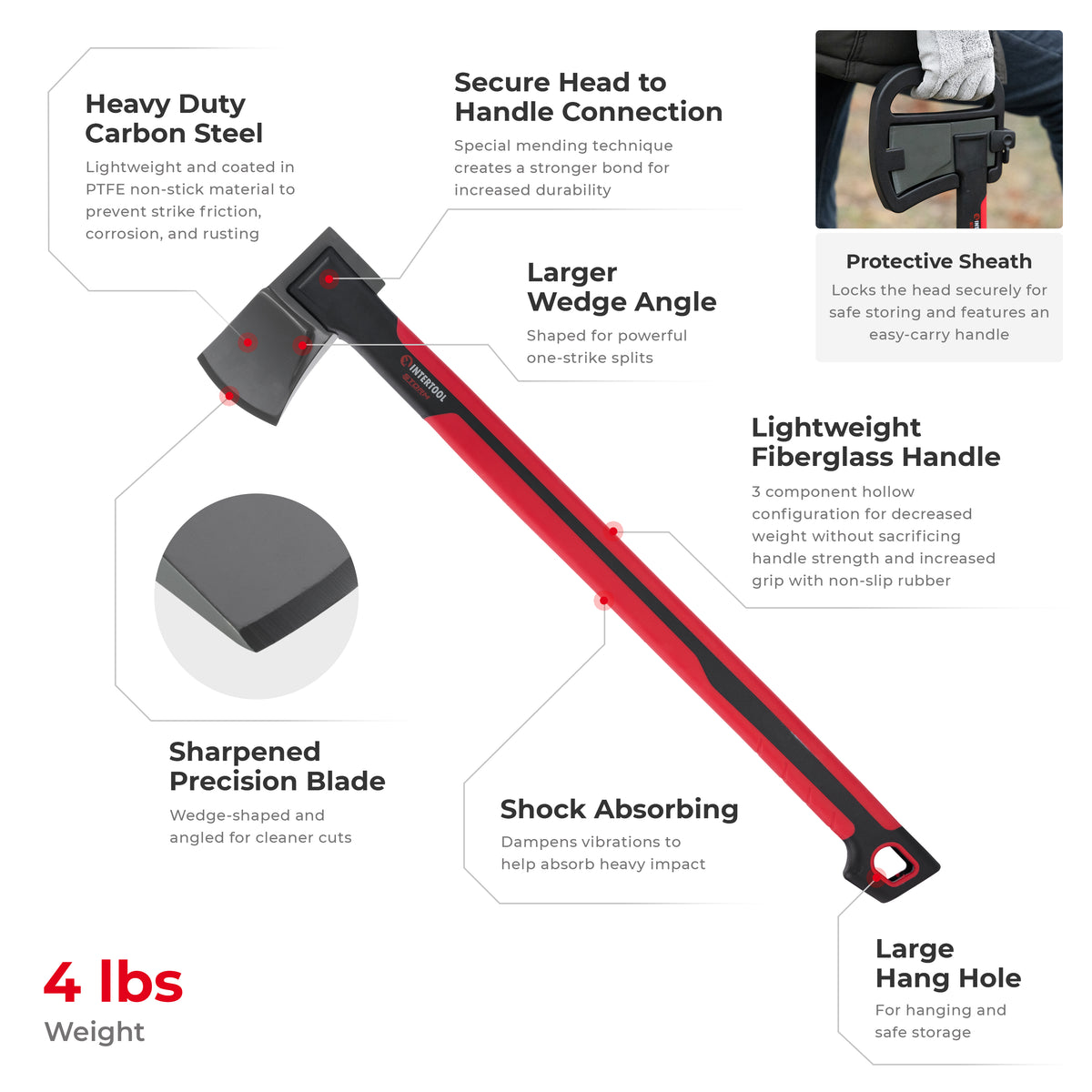 INTERTOOL 28" Splitting Axe, 4 lbs, STORM | HT08-0297
