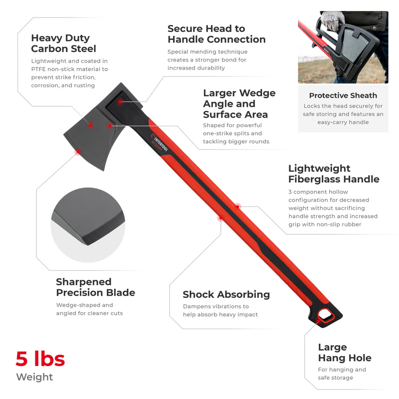 INTERTOOL 28" Splitting Axe, Heavy-Duty, 5 lbs, STORM  | HT08-0298