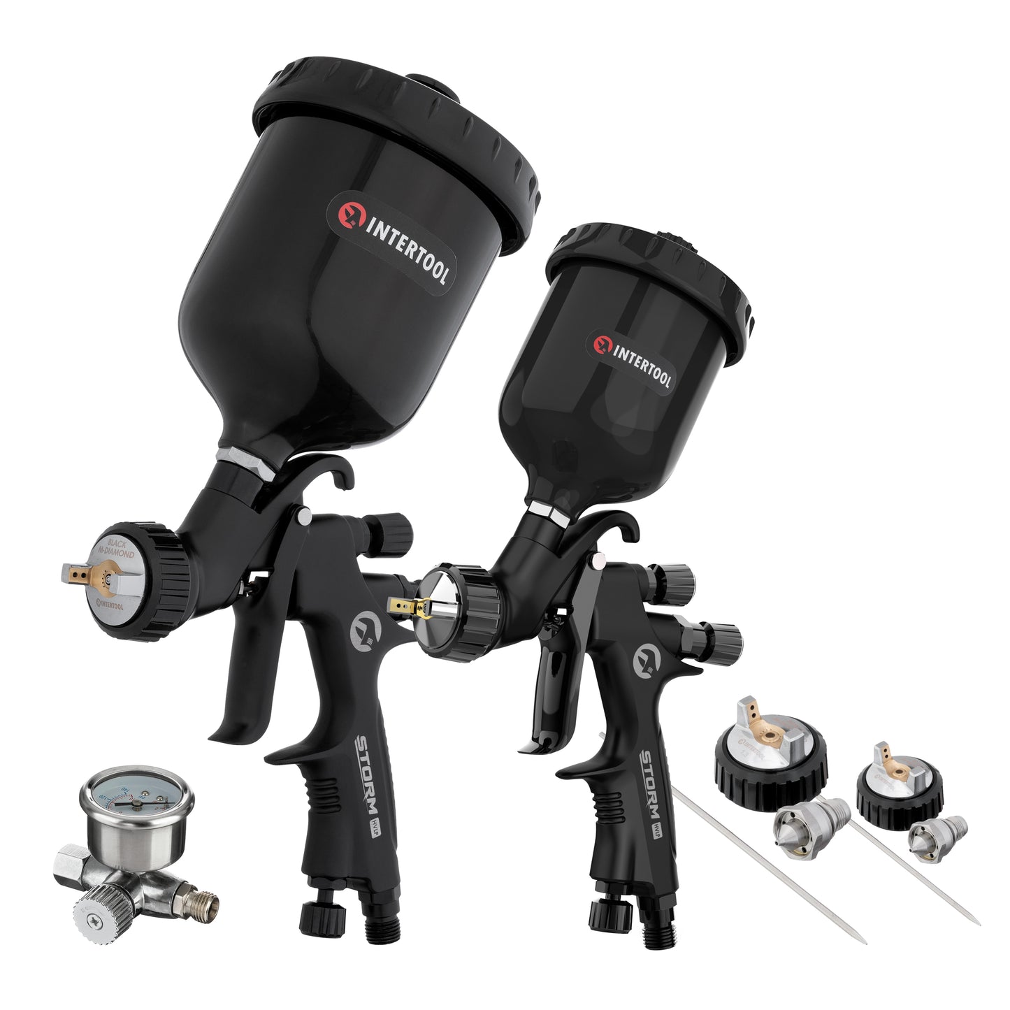 INTERTOOLHVLP Paint Spray Gun Set - 2 Sprayers, 0.8, 1.2, 1.3, 1.8 mm Air Caps, Standard & Touch Up, 250/600 cc Plastic Cups, Black M-Diamond Series | PT08-0179