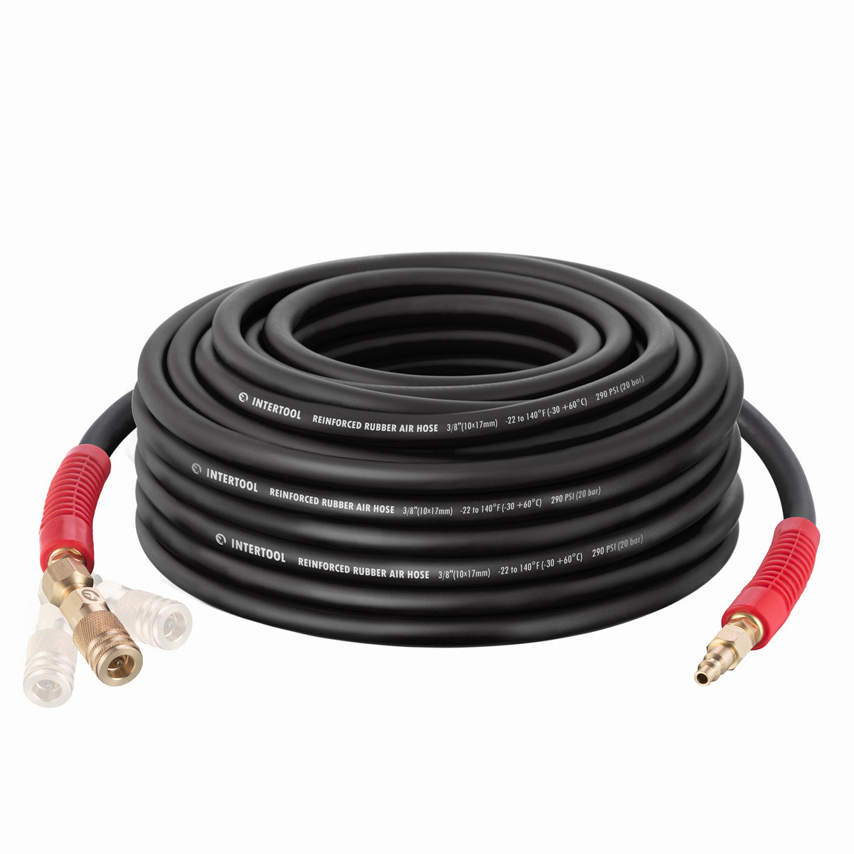 Manguera de aire de caucho ultraduradera INTERTOOL de 3/8” x 100 pies, resistente, resistente a las torceduras, conexión de latón | PT08-1736