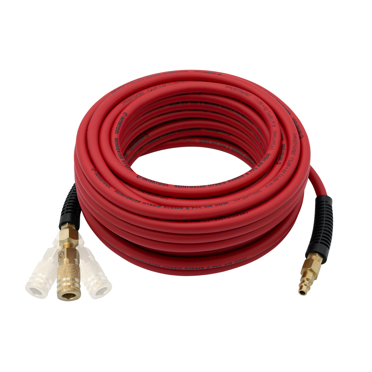 Manguera de aire híbrida INTERTOOL de 1/4” x 50 pies: liviana, resistente a las torceduras, conexiones de latón, acoplador rápido | PT08-1762