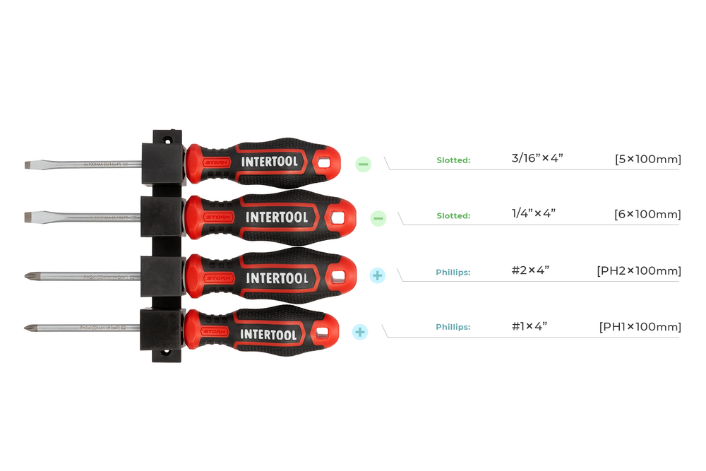 Juego de destornilladores de 4 piezas INTERTOOL, Phillips y ranurados, para montaje en pared | VT08-3434 