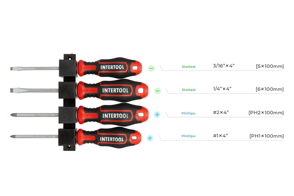 Juego de destornilladores de 4 piezas INTERTOOL, Phillips y ranurados, para montaje en pared | VT08-3434 