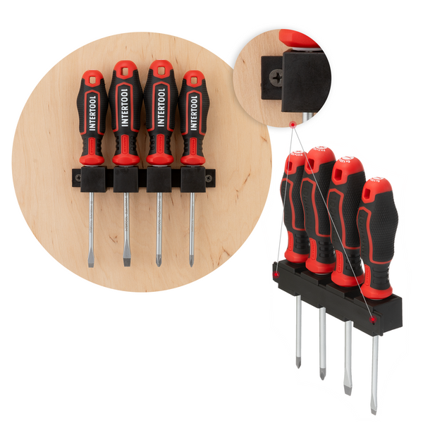 Juego de destornilladores de 4 piezas INTERTOOL, Phillips y ranurados, para montaje en pared | VT08-3434 