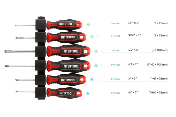 Juego de 6 destornilladores INTERTOOL, Phillips y ranurados, para montaje en pared | VT08-3436 
