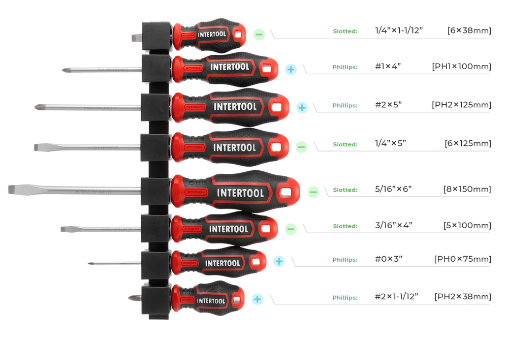 INTERTOOL 8 pcs Screwdriver Set, Phillips & Slotted, Wall Mount Rack | VT08-3438