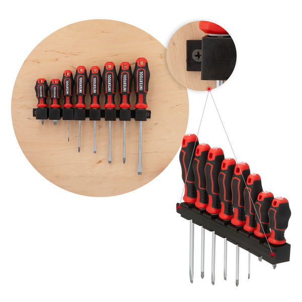 INTERTOOL 8 pcs Screwdriver Set, Phillips & Slotted, Wall Mount Rack | VT08-3438