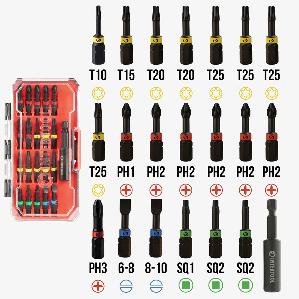 Набор ударных бит INTERTOOL 21 шт. | Phillips, Square, Torx, Slotted с магнитным держателем | VT08-3381