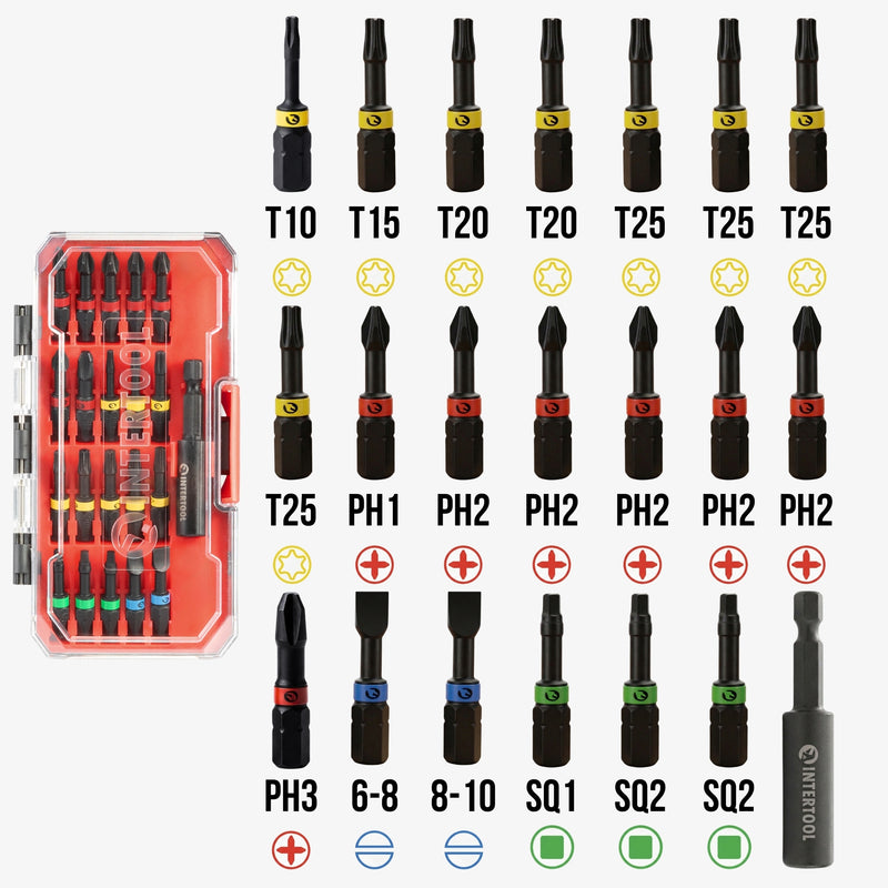 INTERTOOL 21pc Impact Bit Set | Phillips, Square, Torx, Slotted with Magnetic Holder | VT08-3381